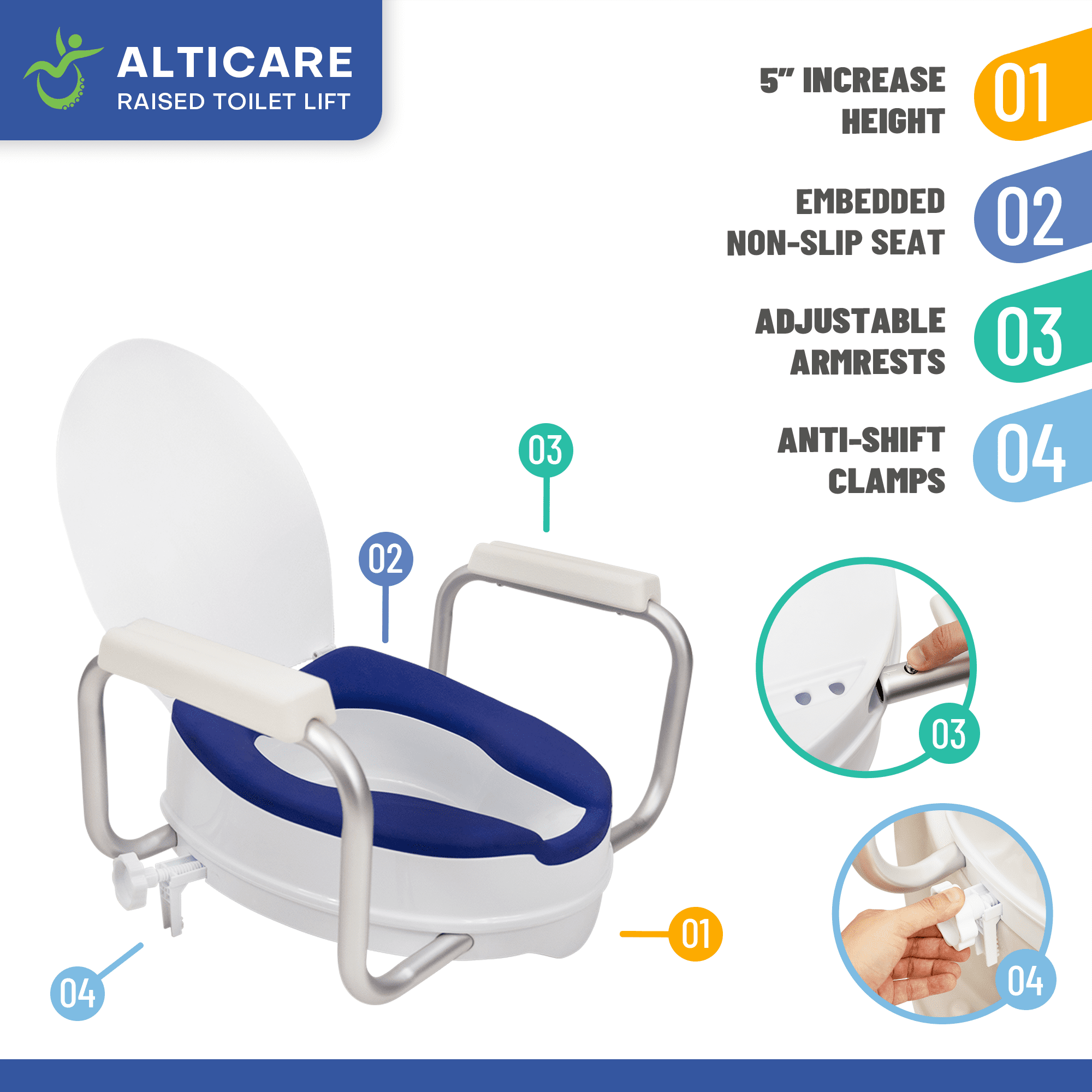 AltiCare Raised Toilet Seat 5-Inch Elevated Commode Riser with Adjustable Armrests and Latex Free Rubberized Non Slip Seat