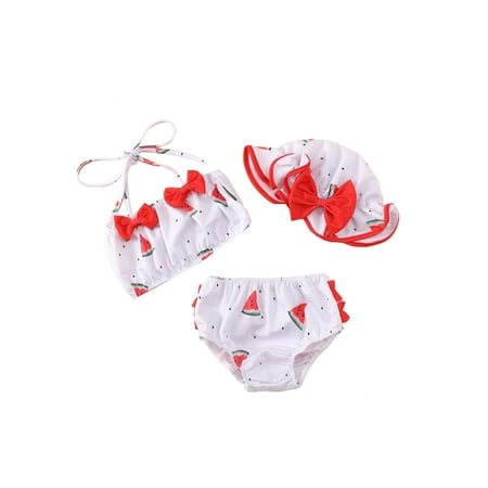 

ZIYIXIN 3pcs Kids Toddler Baby Girl Bikini Swimsuit Halter Tank Tops Swimwear+ Shorts+ Ruffle Hat Bathing Suit Beachwear White Watermelon 12-18 Months