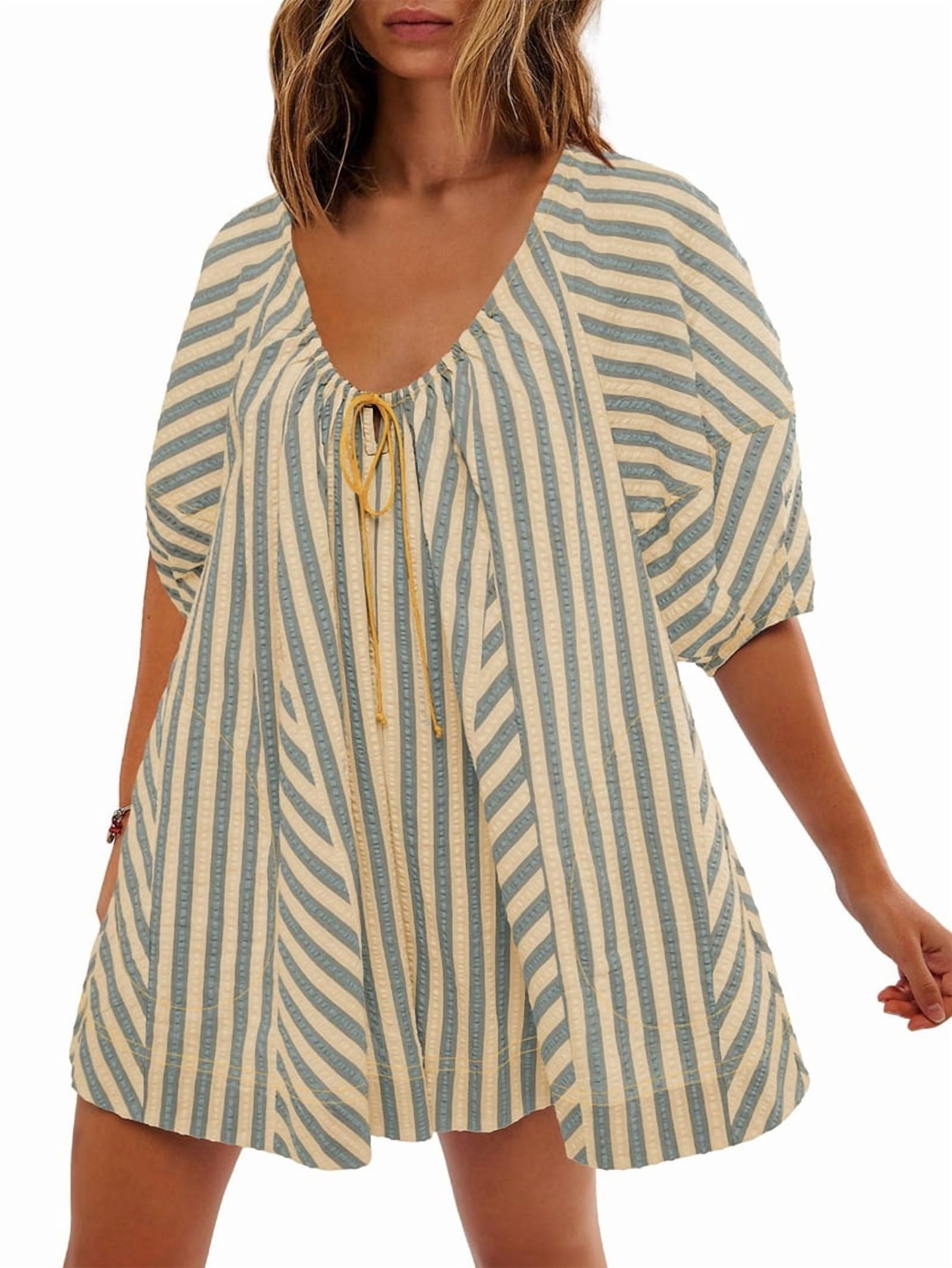 Womens Oversized Striped Romper Dress Shorts Jumpsuit Beach Vacation Clothes with Pockets