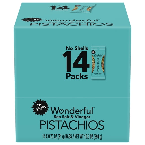 Wonderful Pistachios No Shells, Sea Salt & Vinegar Nuts, 0.75 Ounce Bags (Pack of 14)