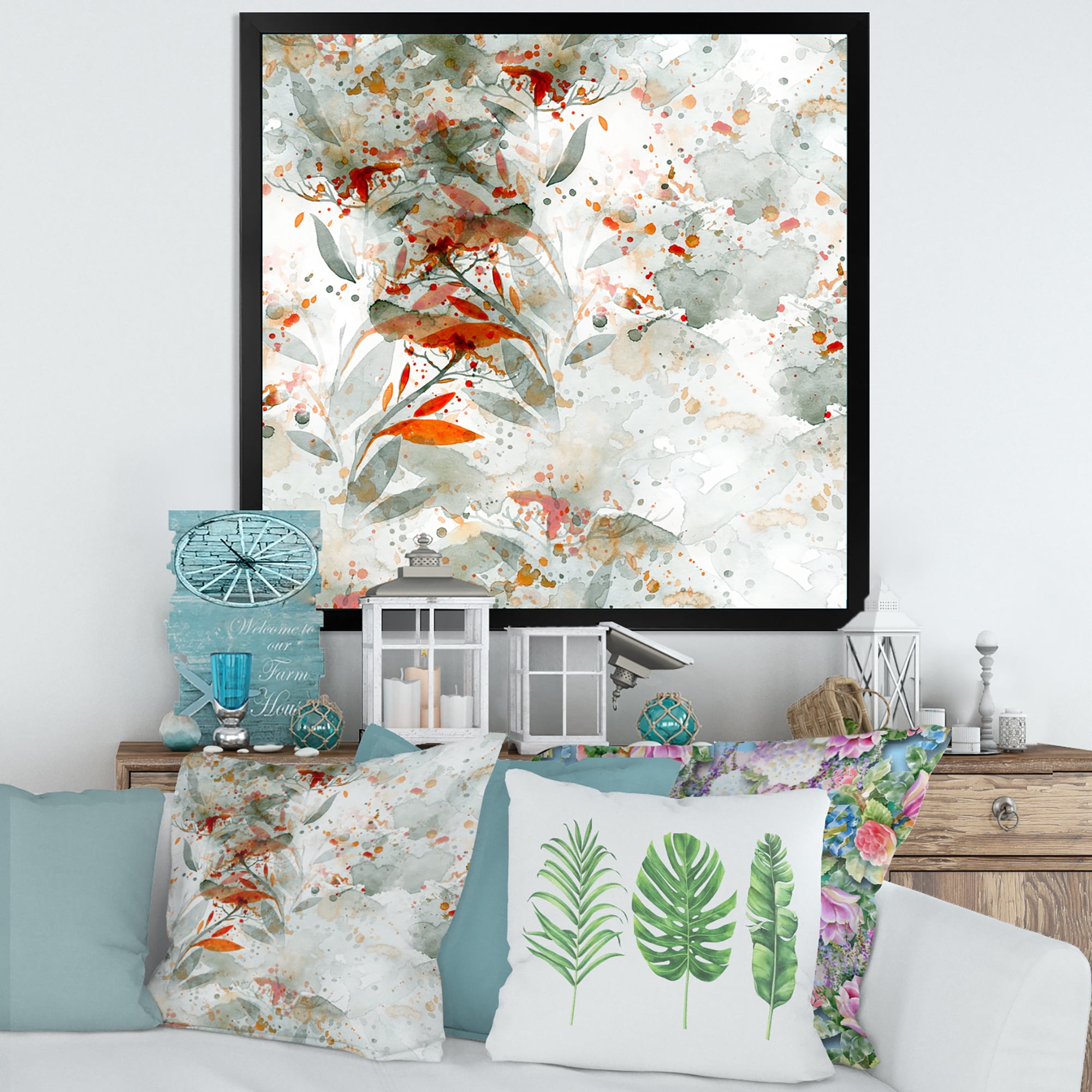 Designart 'Orange and Green Wildflowers II' Modern Framed Art Print