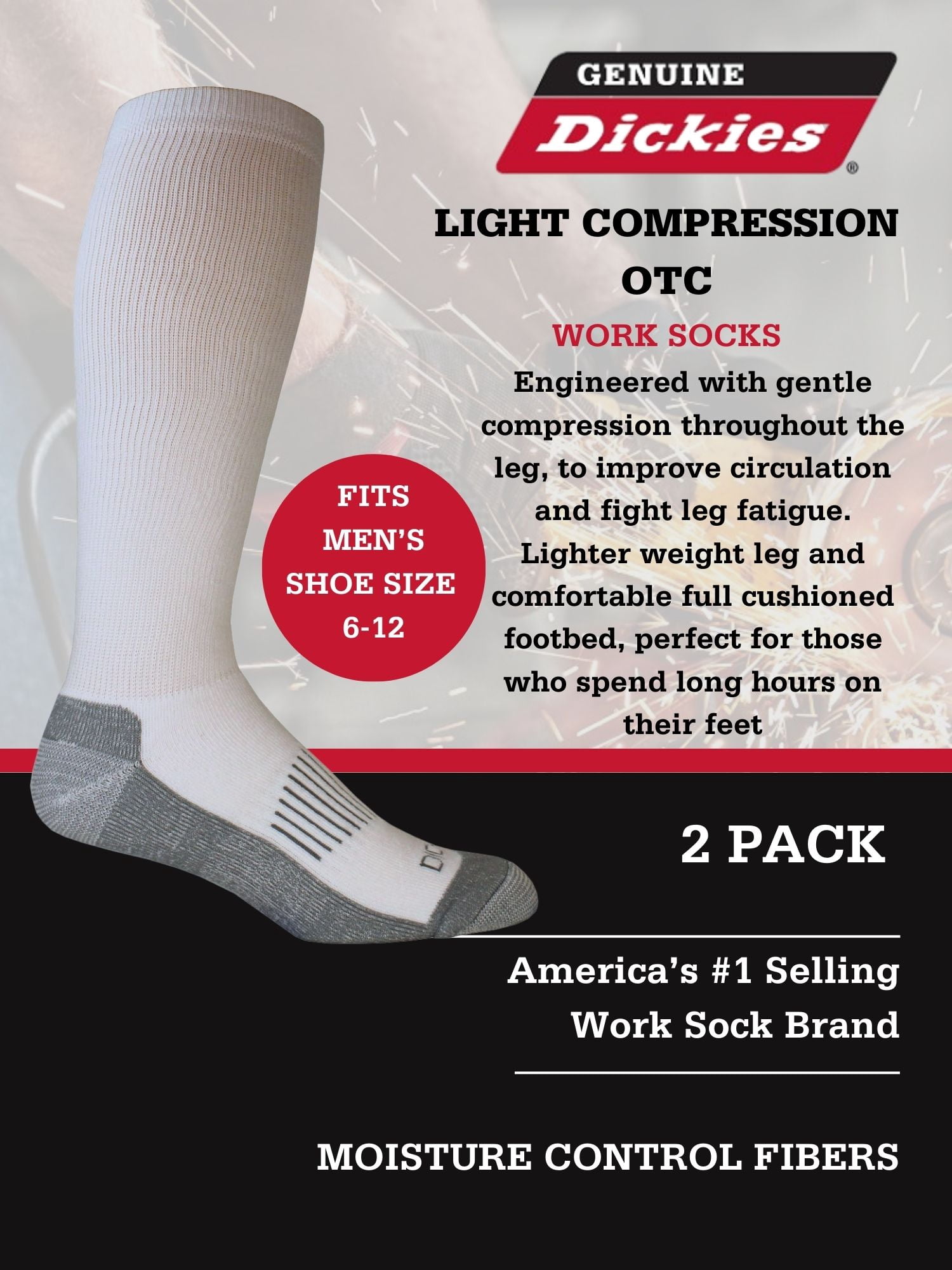 Genuine Dickies Men's OTC Compression Crew Sock, 2 Pack