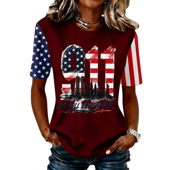 EANJE Womens 9/11 25th Anniversary Shirt Never Forget Short Sleeve Anniversary T-Shirt Patriot America Tribute September 11 Vintage Graphic Tee Patriotic Usa Flag Crew Neck Top Deep Red XL