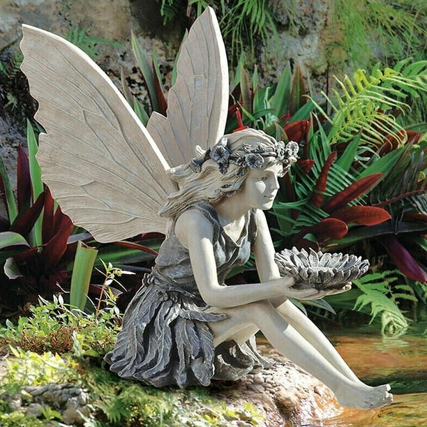 Estatua de jardín de hadas, escultura de jardín de estatua de hada de girasol, adorno de jardín de piedra para comedero de pájaros, figura de ángel realista, figuras de hadas para jardín al aire libre