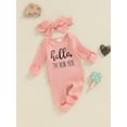 thumbnail image 4 of Newborn Baby Girl Clothes Hello I'm New Here Ribbed Jumpsuit Long Sleeve Ruffle Romper with Headband Coming Home Outfits, 4 of 8