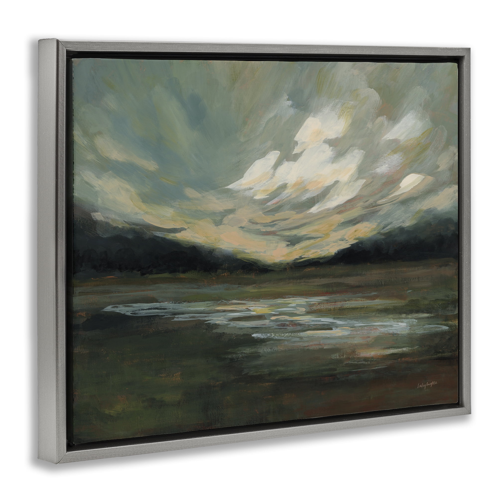 Stupell Industries Billowing Clouds Landscape Landscape & Nature Painting Gray Floater Framed Canvas Art Print Wall Art, 21 x 17