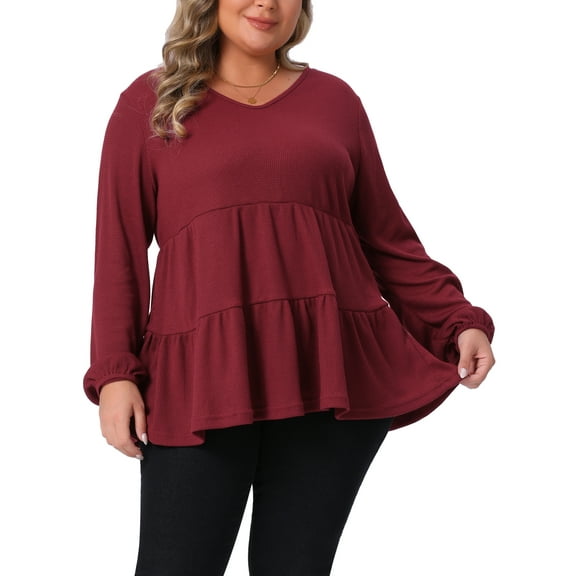 Agnes Orinda Women's Plus Size Babydoll Blouse Waffle Knit Flowy Ruffle Hem Tiered V Neck Long Sleeve Casual Peplum Tops 1X Burgundy