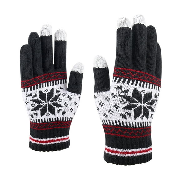 Men Women Winter Warm Knitted Gloves, Touchscreen Phone Gloves with Snowflake Pattern, Thick Gloves for Cold Weather, Unisex Thermal Screen Compatible Gloves Black