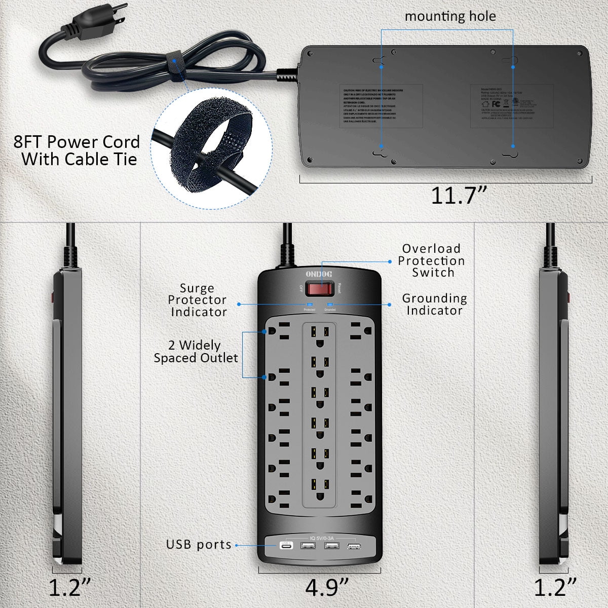 Surge Protector Power Strip(2100J) - 18 Outlets and 4 USB Ports (1875W/15A), 6ft Power Cord for Home, Office, Dormitory, Black