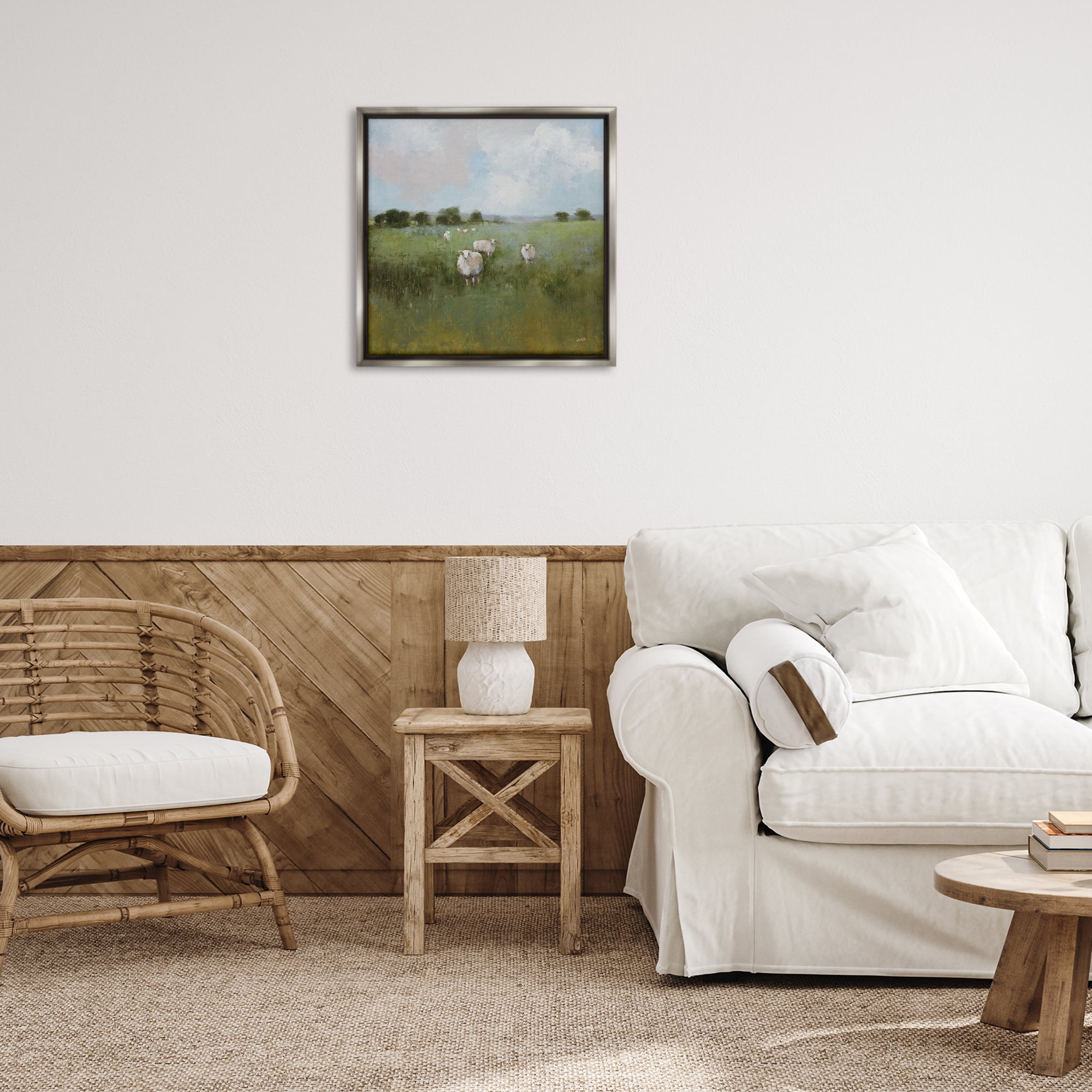 Stupell Industries Quiet Pasture with Sheep Landscape & Nature Painting Gray Floater Framed Canvas Art Print Wall Art, 25 x 25