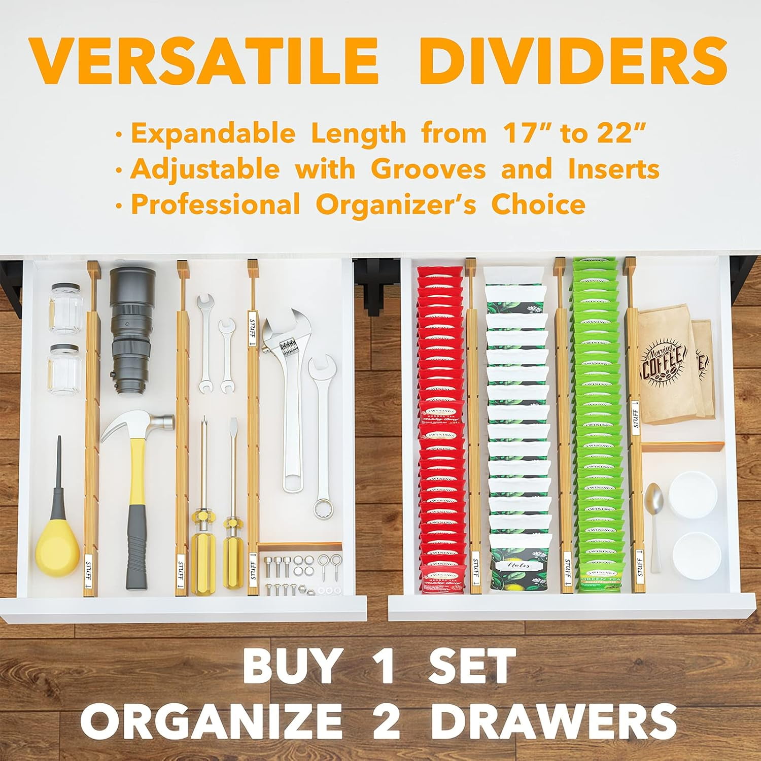 SpaceAid Bamboo Drawer Dividers with Inserts and Labels, Kitchen Adjustable Drawer Organizers, 6 Dividers with 12 Inserts (17-22 in)