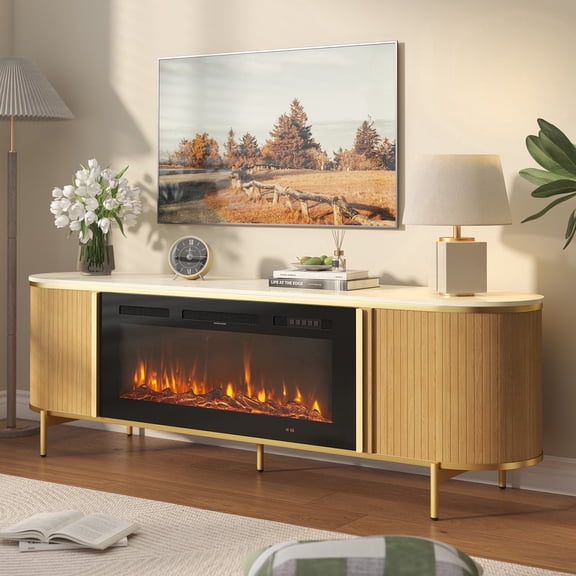 Sonegra 70" Fireplace TV Stand, Modern Entertainment Center for TVs Up to 80", TV Console Table for Living Room, Media Cabinet with Storage,70 Inch, Oak