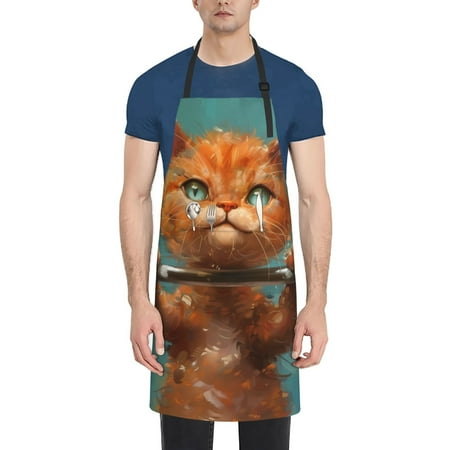 

Tebeau Strong Kitten Lifting Weights Print Waterproof Cooking Aprons Adjustable Bib Soft Chef Apron with 2 Pockets for Men Women