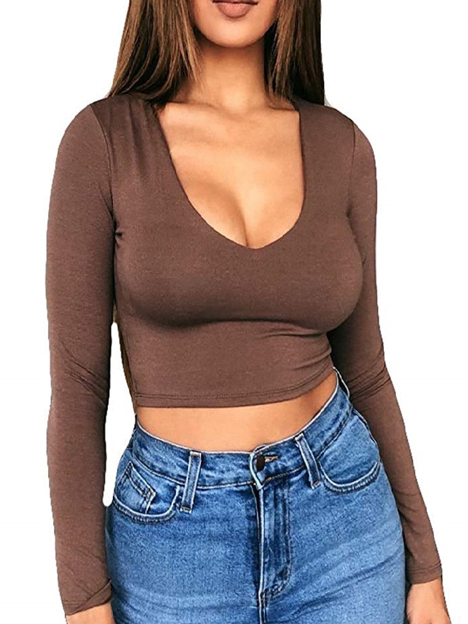 NE PEOPLE Womens Solid Long Sleeve Scoop Neck Fitted Crop Top 14 Colors NEWT19 