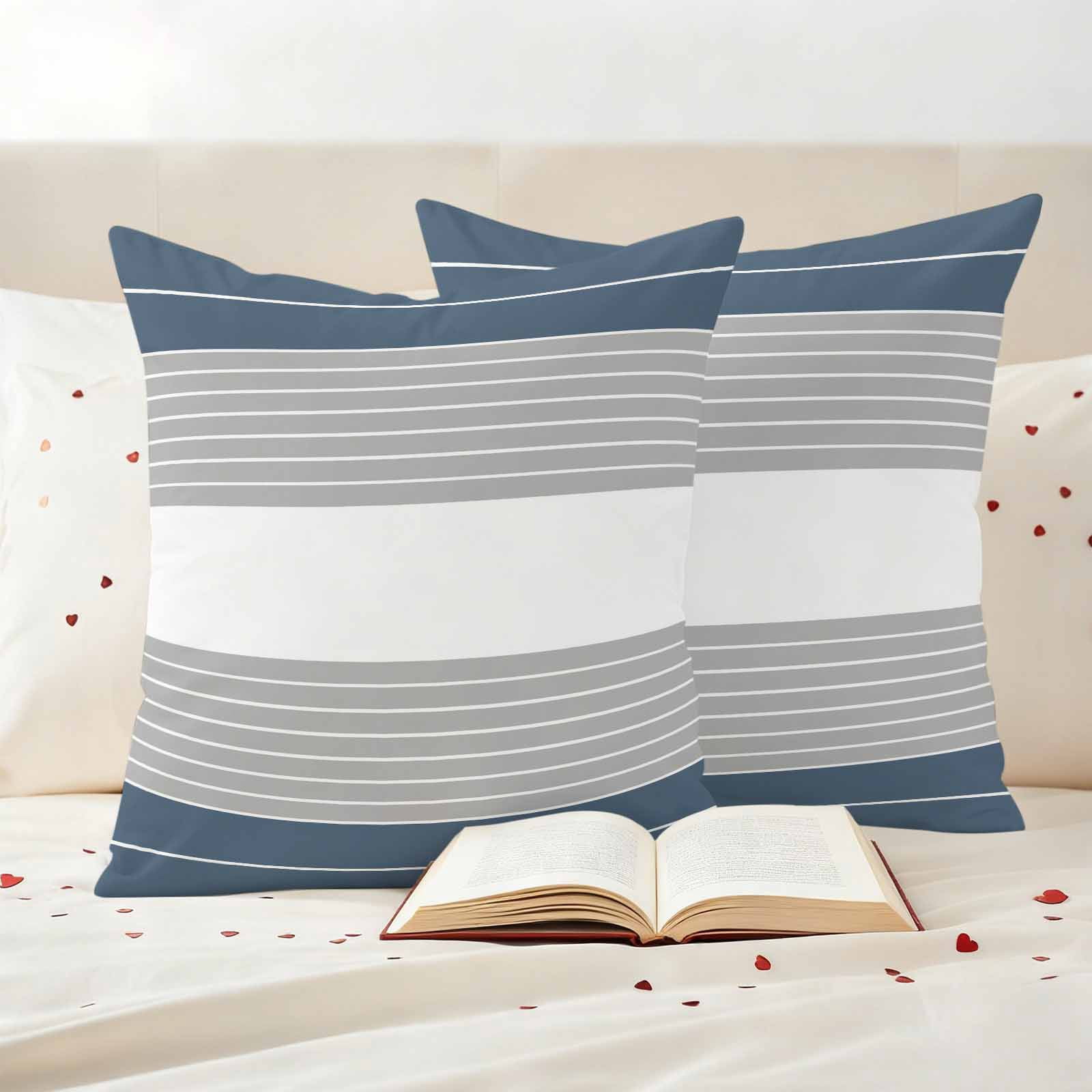 Haze Blue Grey Stripe Outdoor Waterproof Pillow Covers, Modern Art Horizontal Striped Decorative Square Throw Pillowcase Sofa Cushion Sham for Patio/Couch/Chair, 18"x18" 2 Pack