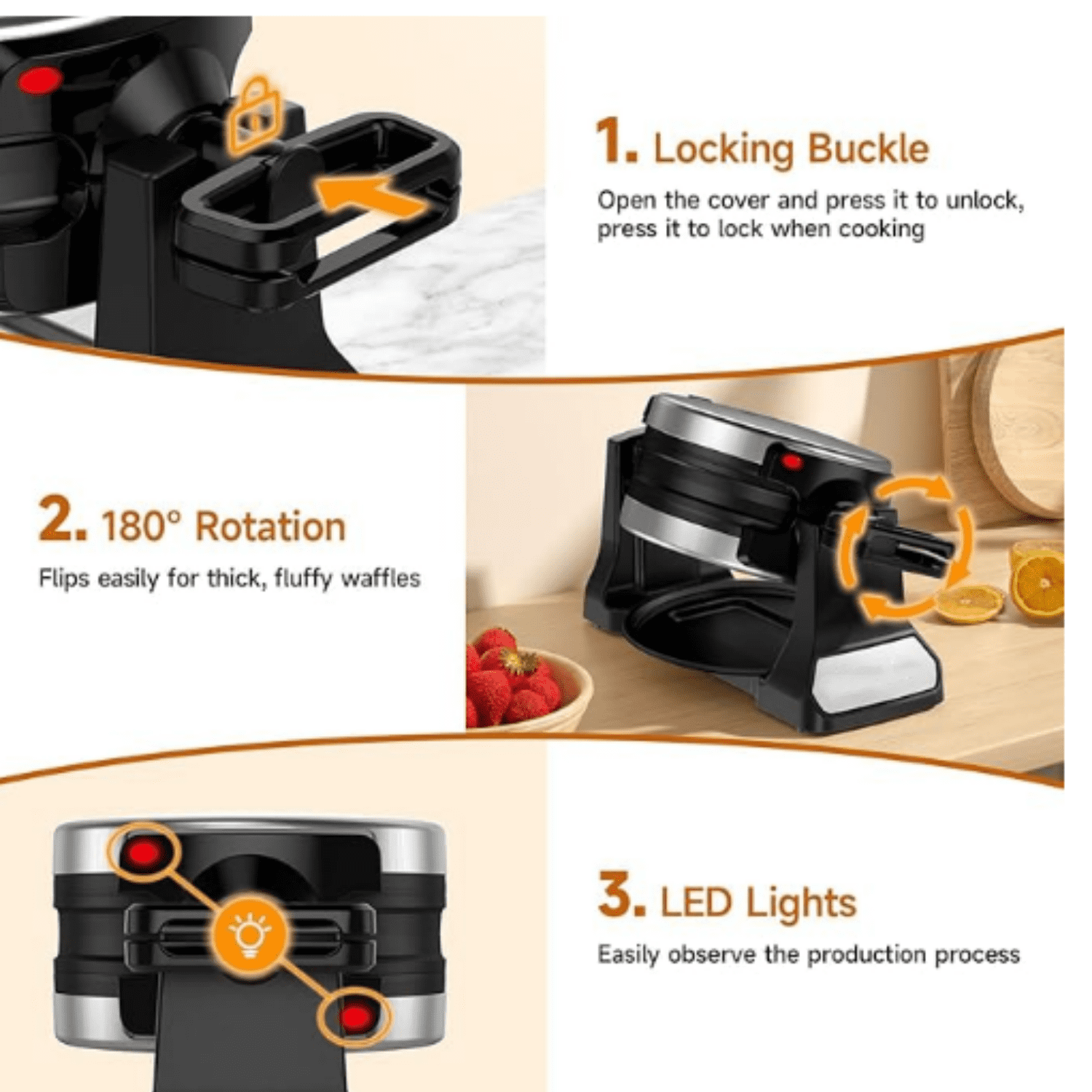 Double Belgian Waffle Maker 180°Flip, 1400W Waffle Iron 8 Slices, Rotating & Nonstick Plates with Removable Drip Tray for Easy Clean, Stainless Steel, Locking Buckle & Cool Touch Handle