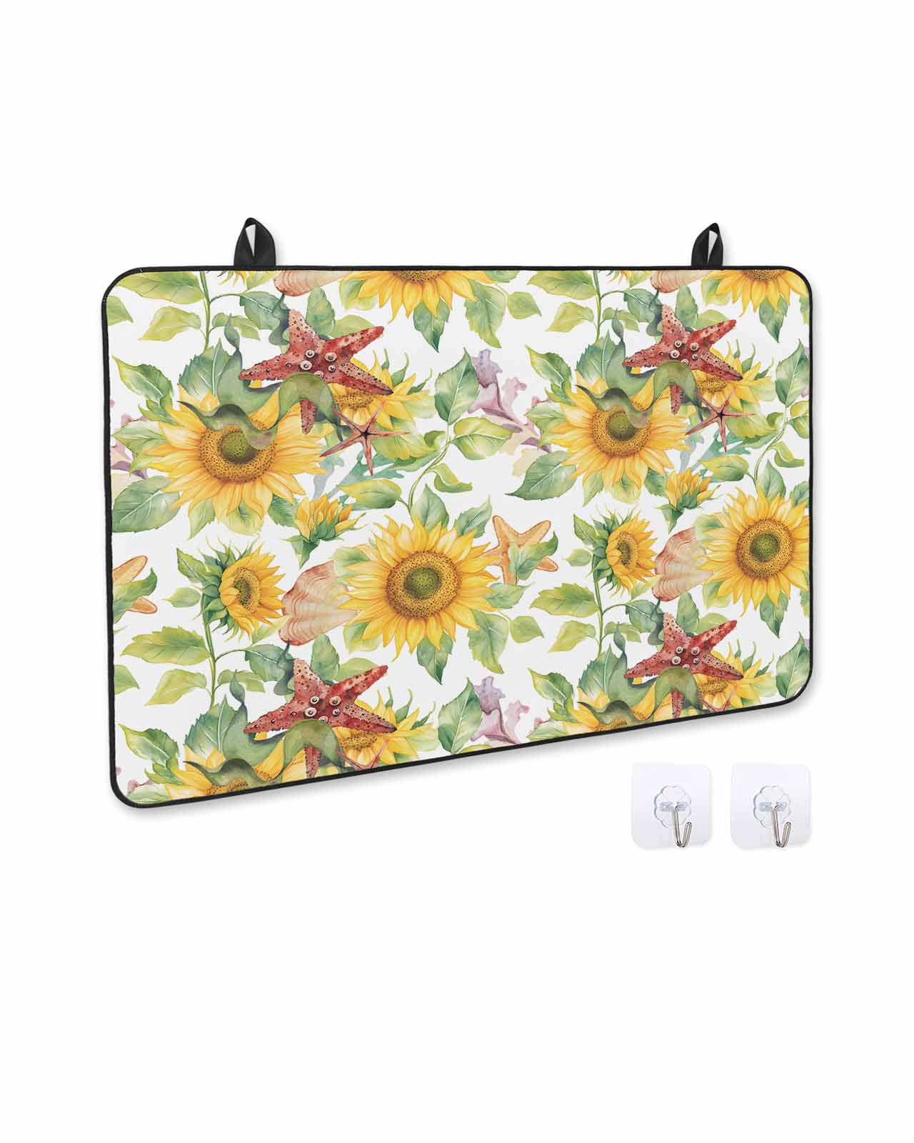nqOlkjepod Large Induction Cooktop Protector Mat 36"x21", Summer Yellow Sunflower Stove Top Covers for Electric Stove, Green Leaves Starfish Country Stove Burner Cover Mats, Glass Top Stove Cover
