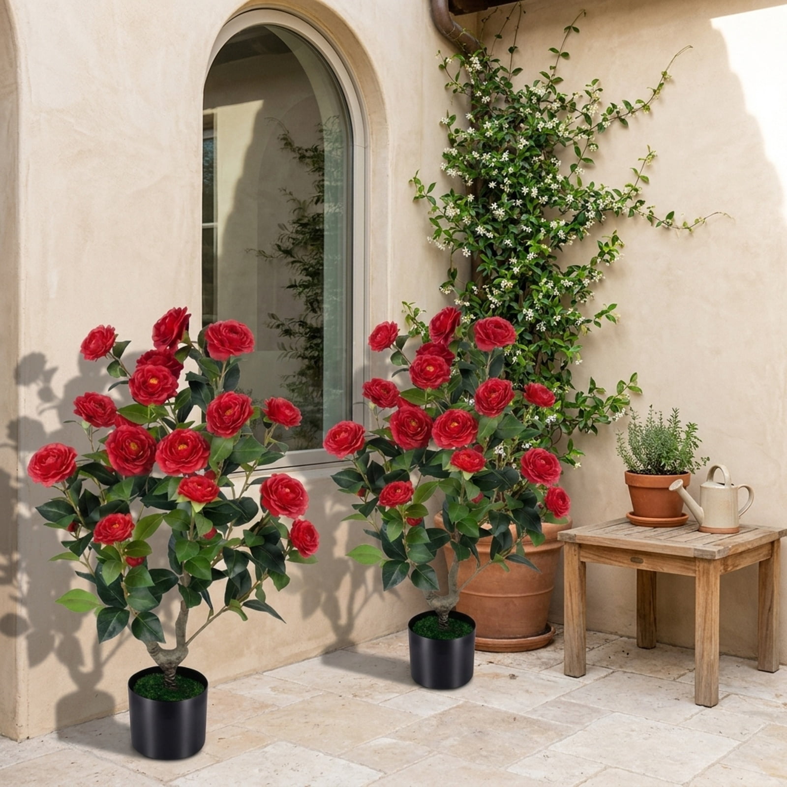 Vebreda Artificial Plant Decor, Artificial Camellia Tree Faux Flower Plant in Cement-Filled Pot, Lifelike & Elegant Design, Selected PE Materials