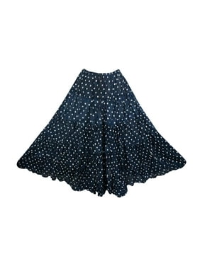 Mogul Women's Maxi Skirt Blue Polka Dots Broomstick Long Retro Skirts