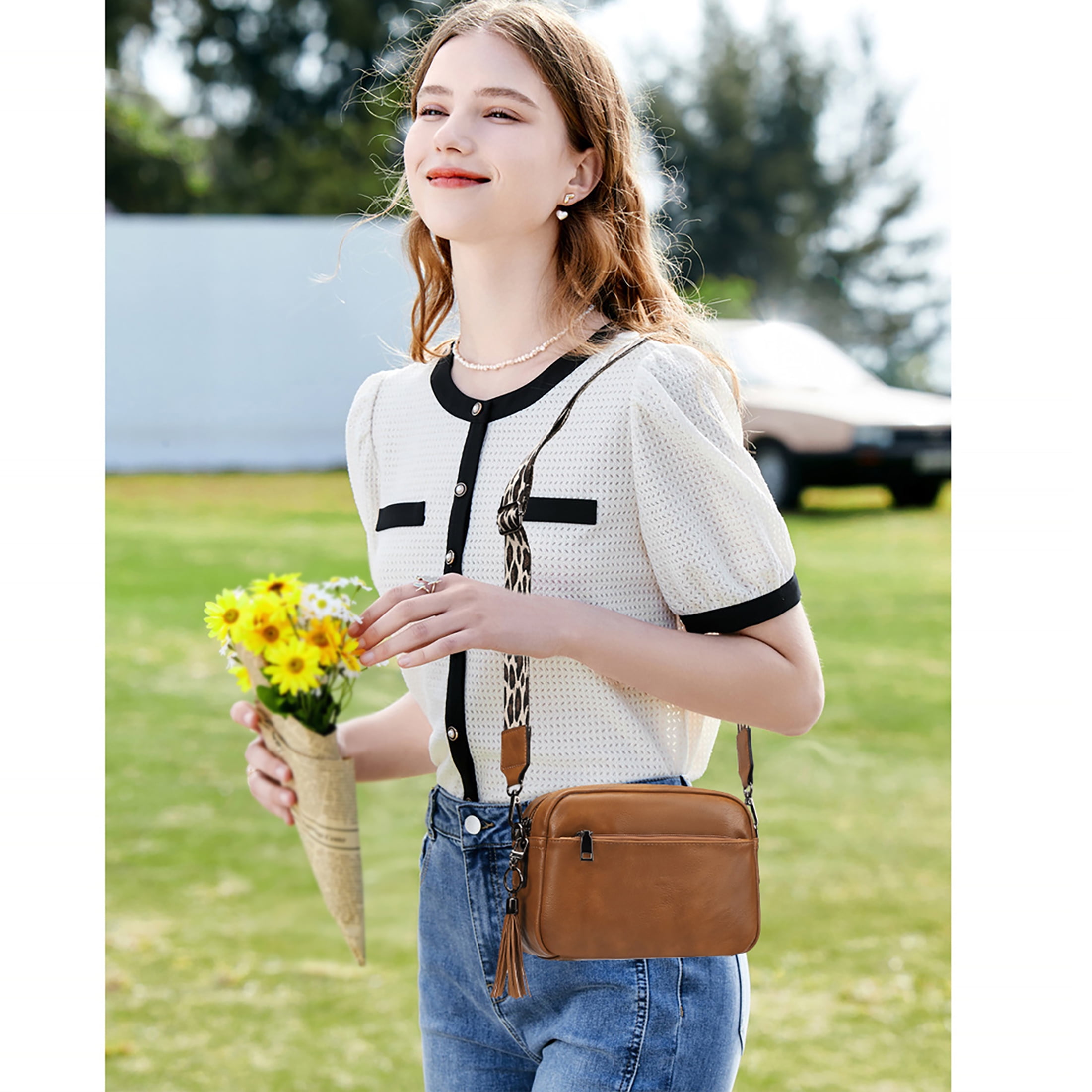 KL928 Small Crossbody Bag for Women Soft FAUX Leather Cell Phone Purse Wallet Purse with Wide Strap(Yellowish Brown)