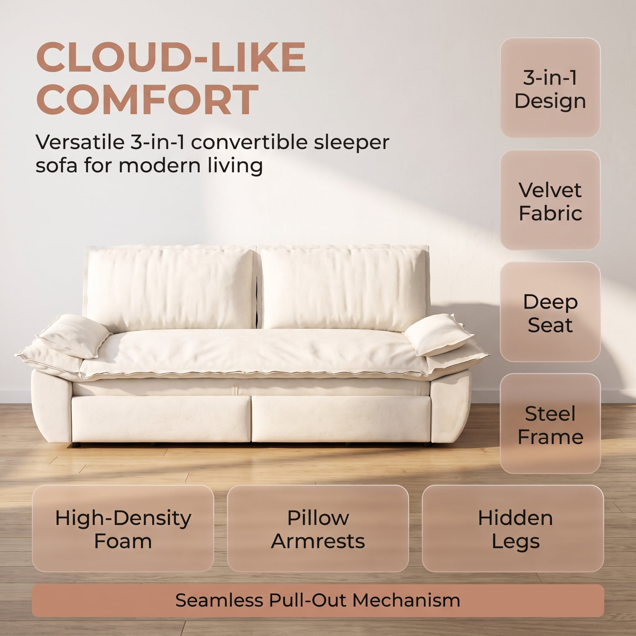 3-in-1 Queen Convertible Sleeper Sofa Bed, 73.2" Velvet Pull Out Couch with Extra Deep Seat & Pillow Top Armrests, Modern Folding Futon Lounge, Beige