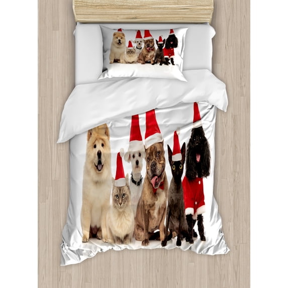 Dog and Cat Duvet Cover Set Twin Size, Team of Six Pets Wearing Santa Hats Panting, Decorative 2 Piece Bedding Set with 1 Pillow Sham, Charcoal Grey Vermilion Pastel Brown and Cocoa, by Ambesonne