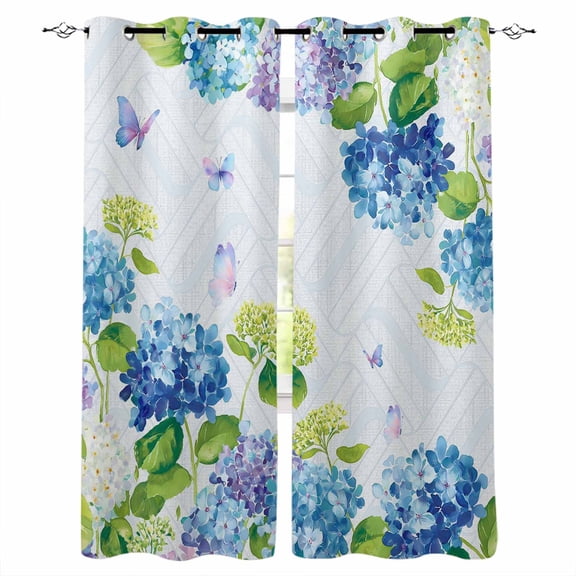 Blue Hydrangea Floral Blackout Curtains for Bedroom - 84 Inch Long Light Blocking 2 Panels Set, Spring Butterfly Watercolor Flower Thermal Insulated Living Room Drapes Grommet Window Curtains 52"x84"