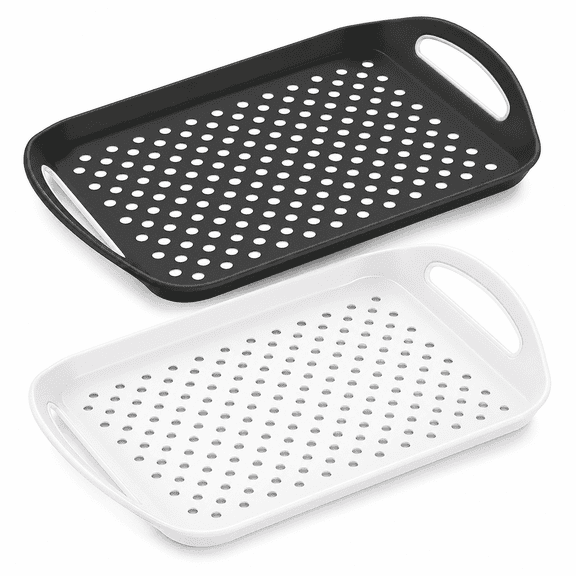 PLERISE Non Slip Food Tray with Handles - for Couch, Dinner, Serving - Black & White - 2 pack