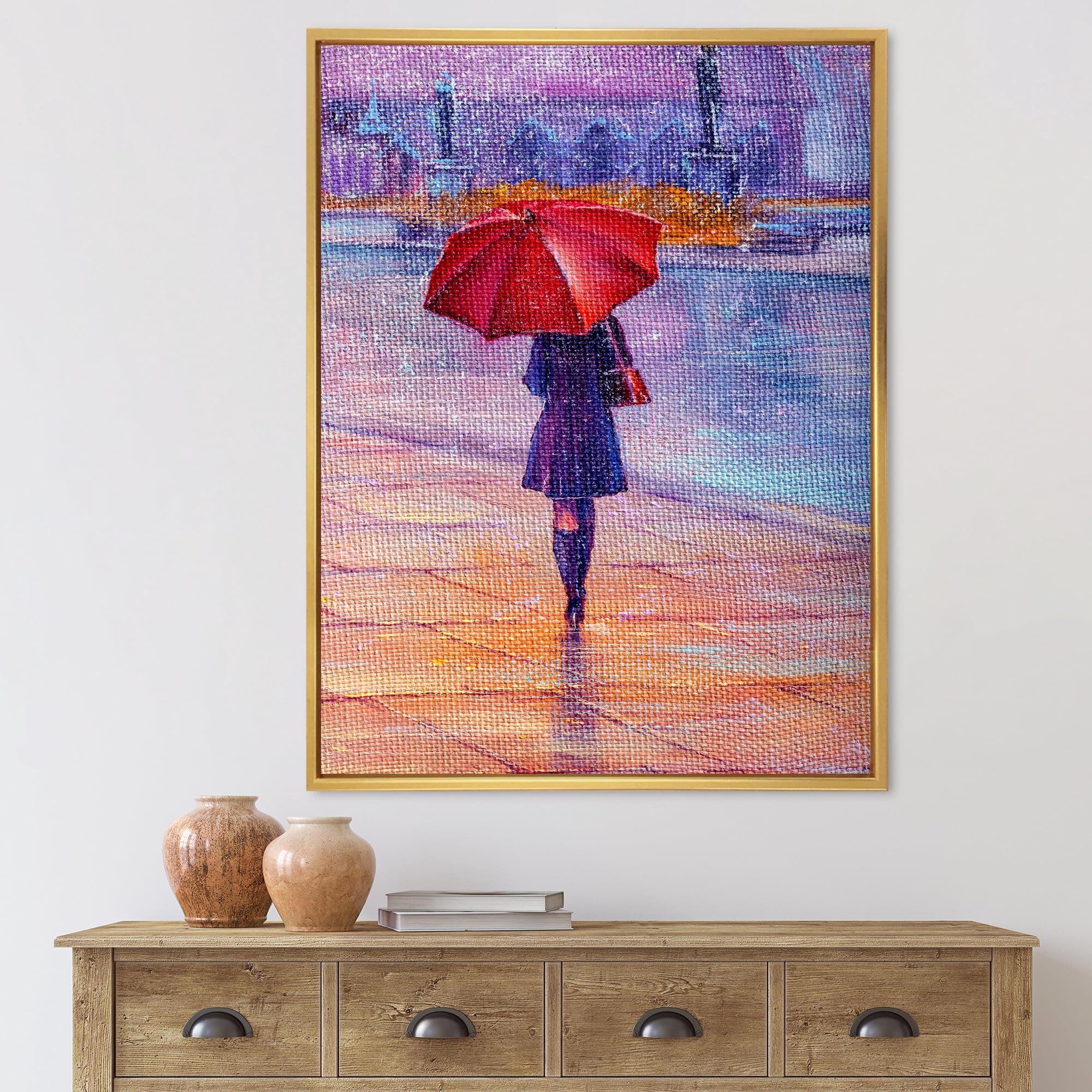 Designart 'Girl Walking With Red Umbrella Under The Rain' French Country Framed Canvas Wall Art Print