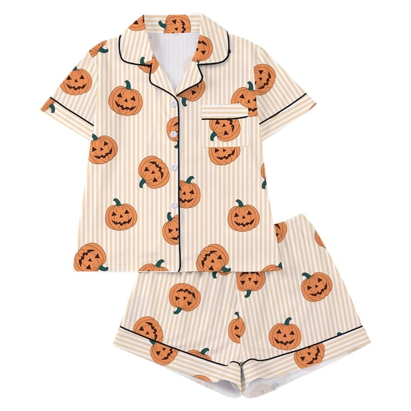 RUTAYY Girls Halloween Pajama Set Pumpkin Stripe Print 2 Piece Notch Neck Short Sleeve Button Down Top Shorts Kids Sleepwear Outfit Orange