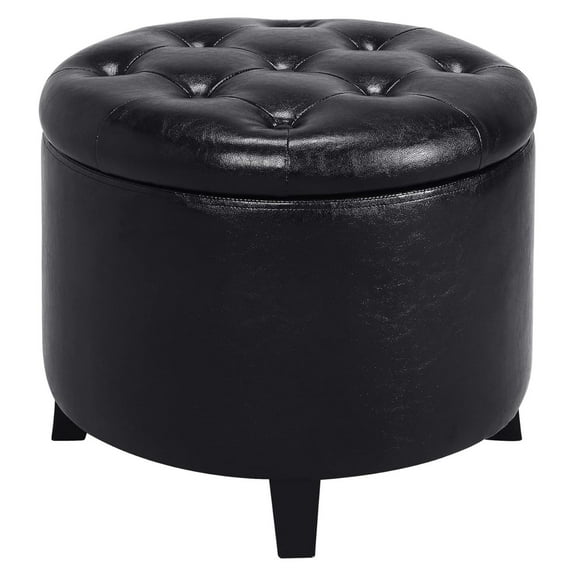 Exlonjet Designs4Comfort Round Storage Ottoman, Black Faux Leather