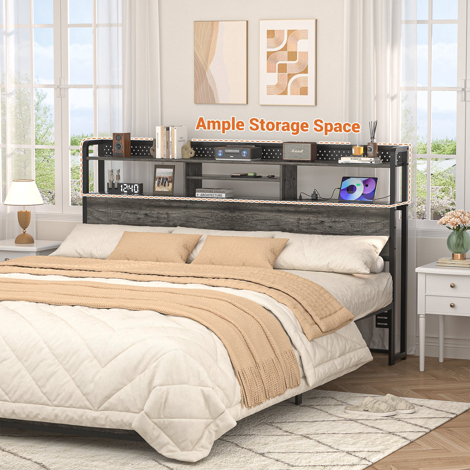 iSunirm King Headboard Only, Headboard for King Size Bed with Outlets and Storage, Bookcase Headboard with LED Lights, Height Adjustable, Sturdy and Easy Assembly, BLack Oak