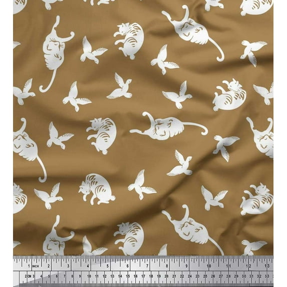 Soimoi Modal Satin Fabric Bird & Cat Animal Printed Fabric 1 Yard 42 Inch Wide