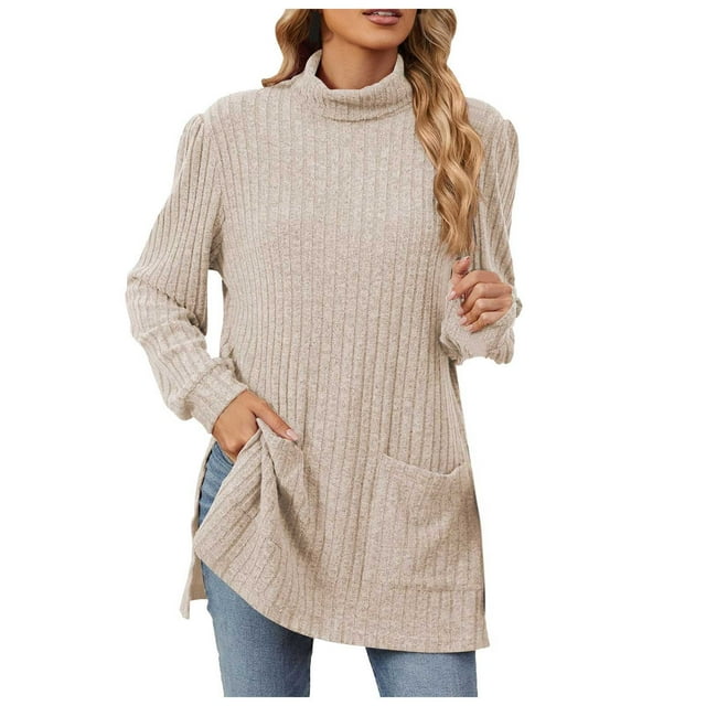TINZ Nouveau Chandail à Demi-Col Roulé à Manches Longues pour Femmes avec Poche Fendue, Col en V, Chandail à Anneau, Chandail pour Femmes Grande Taille