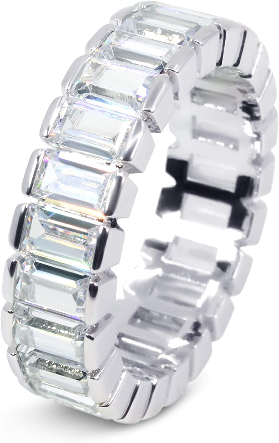 Etenity Bnad,18K White Gold Plated Cubic Zirconia Emerald Cut Eternity Ring Band for Women Men