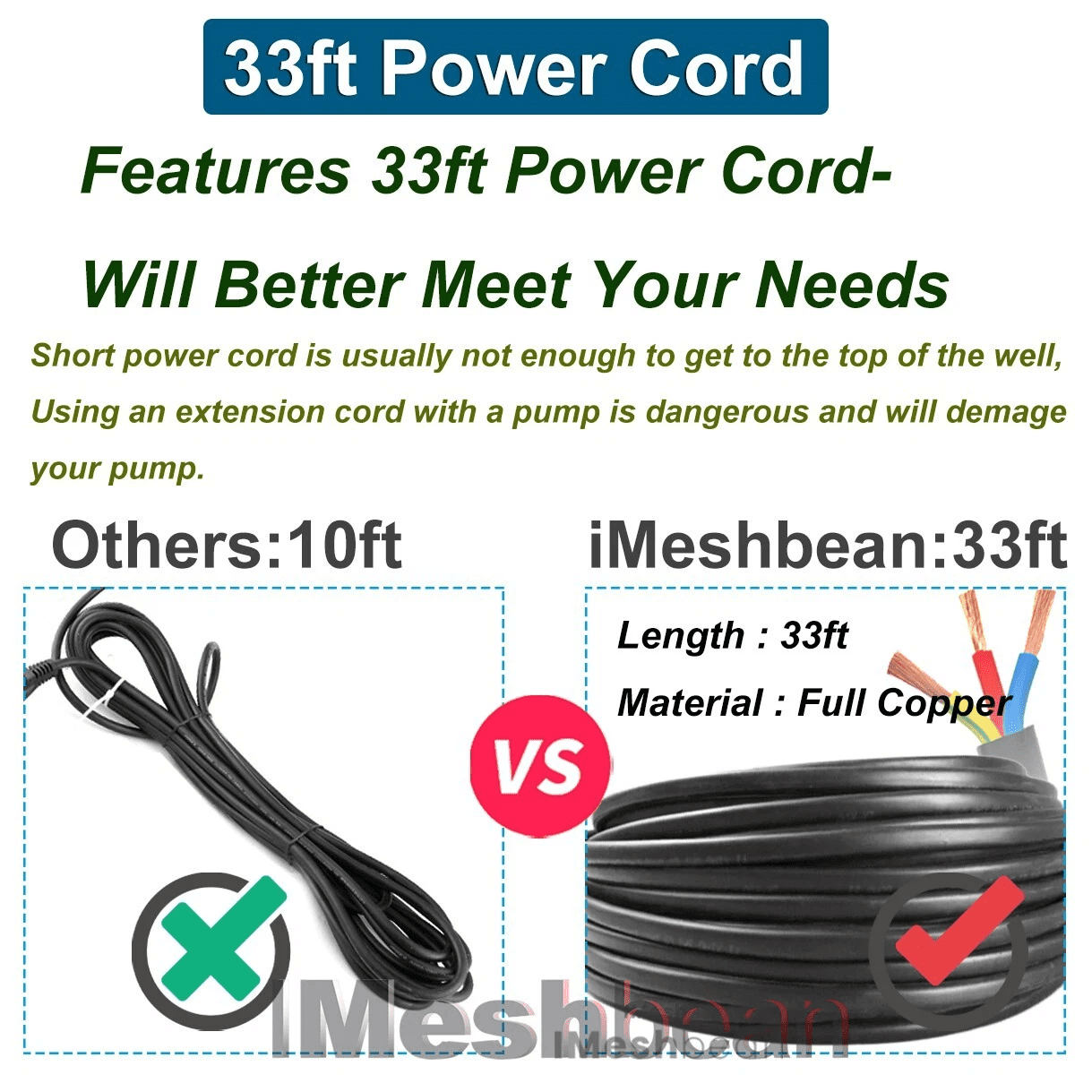 iMeshbean 1HP 3"OD Deep Well Submersible Pump Screw Water Pump 220V-240V 380FT Hmax 10GPM 33ft Cord