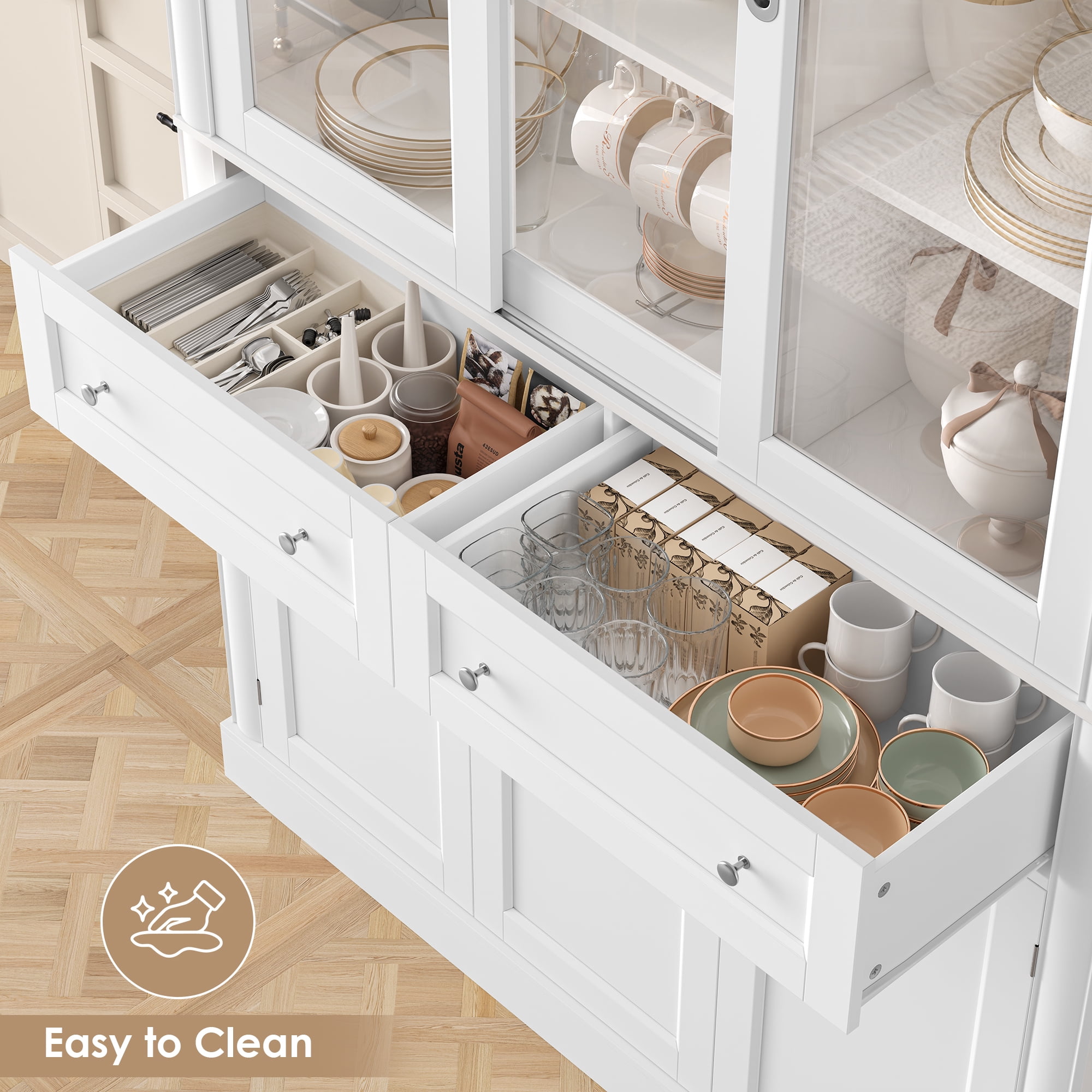Homfa White Bookcase with Sliding Glass Doors, 73.5" Standard Bookcase with 2 Drawers, 5-tier Freestanding Storage Cabinet for Home Office Living Room