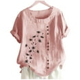 thumbnail image 5 of Puntoco Women tops for Summer 2025 Clearance Womens Summer Short Sleeves Tops Casual Cotton Linen Crew Neck Blouses Solid Color Tshirt Top Pink 16(XXXXL), 5 of 5