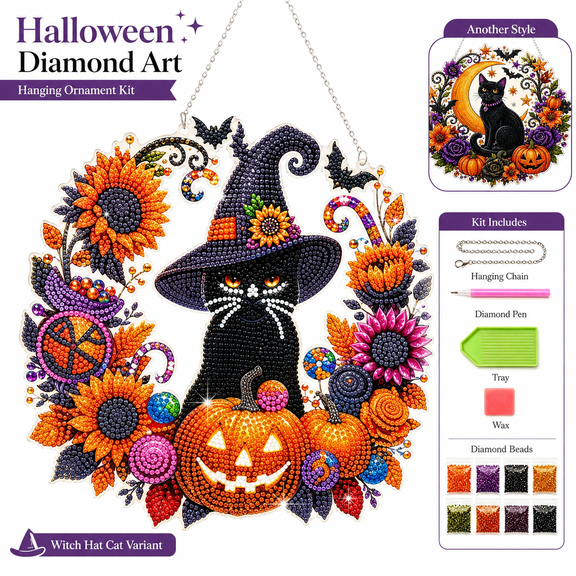 Halloween Black Cat Diamond Art Hanging Ornament Kit, Double Sided Moon Suncatcher with Rhinestones, DIY Halloween Window Decor for Cat Lovers