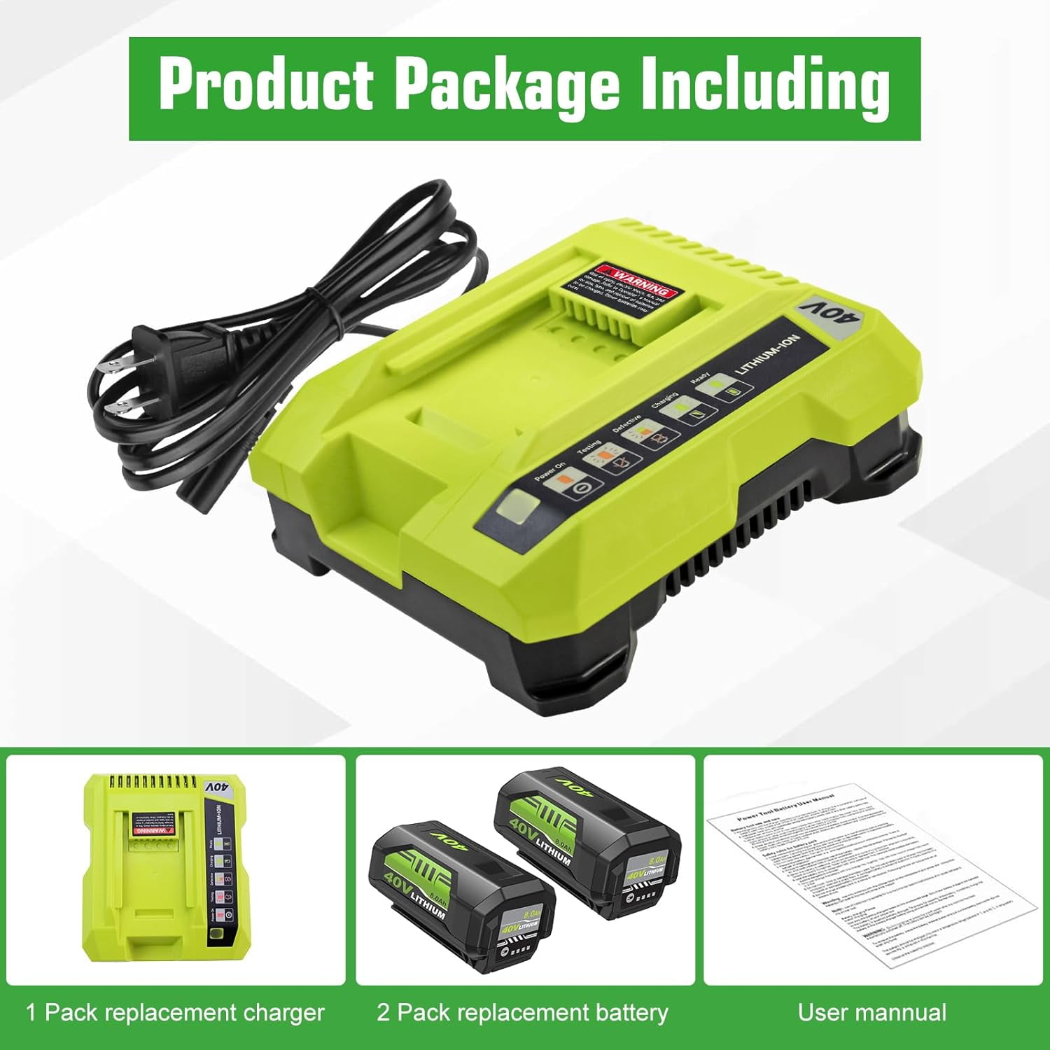 2Pack 8.0Ah Replacement for Ryobi 40V Battery Lithium Ion and OP401 Charger Compatible with Ryobi 40 Volt Battery OP4026 OP4050A OP4040 OP4030 OP4050 Replacement for 40v OP401 Charger (Green-3P)