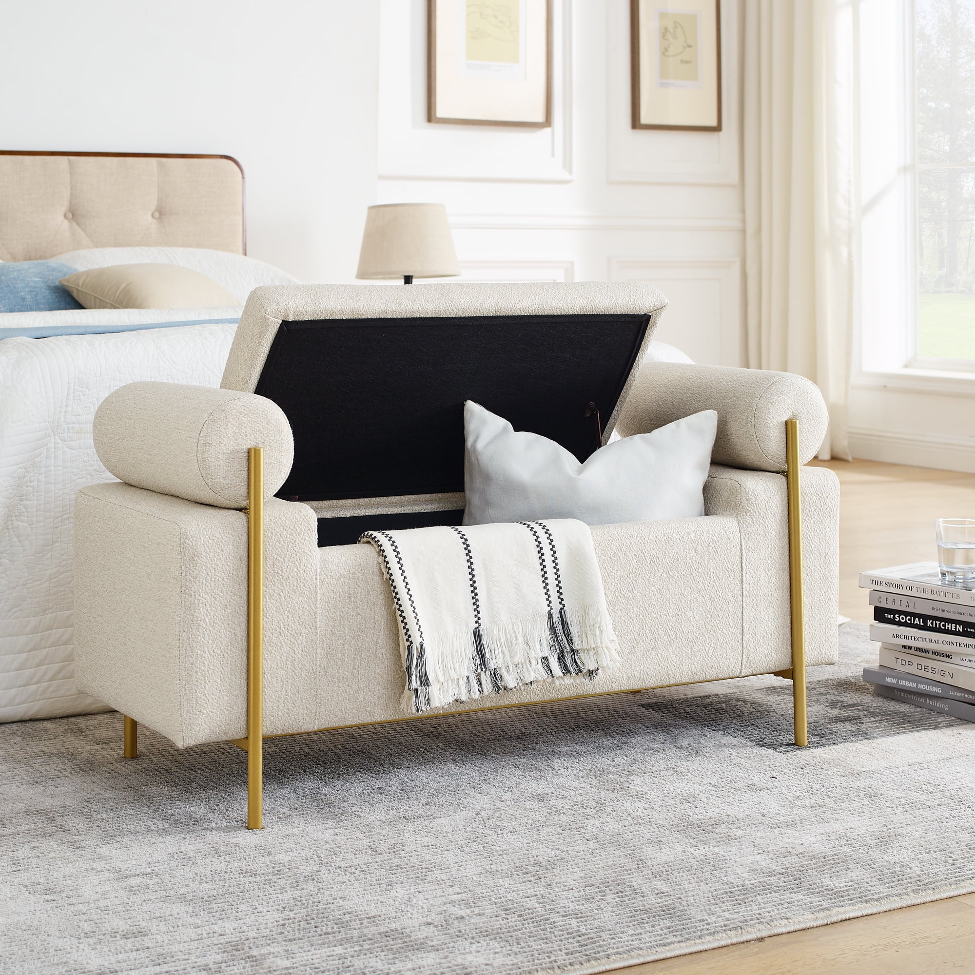 Gewnee Multifunctional Storage Bench - Soft Linen Cushion, Sturdy Iron Legs, Beige - Ideal for Window Seats & Ottomans