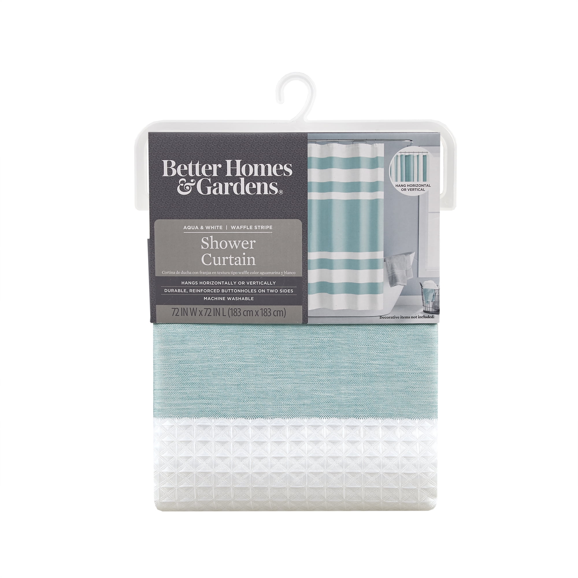 Better Homes & Gardens Waffle Weave Stripe 90 Degree Turn Shower Curtain 72x72, Aqua Blue