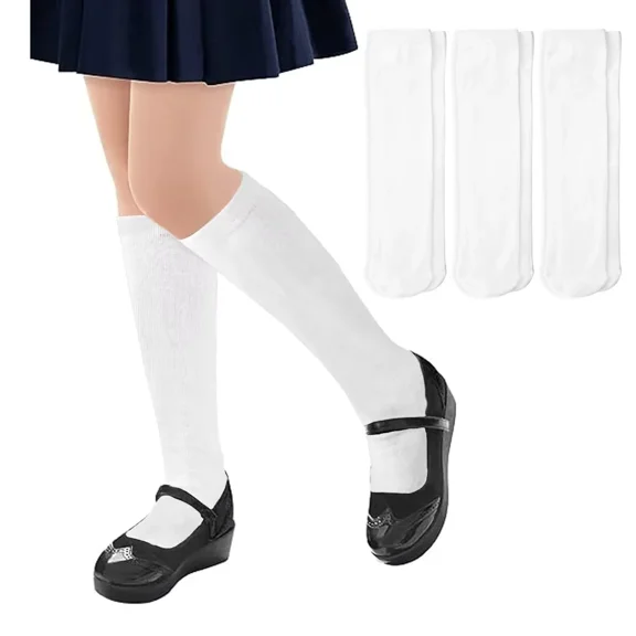Kids Knee High School Socks -3 Pairs Girls Cotton Socks Plain Children Black White School Socks 1-16 Years
