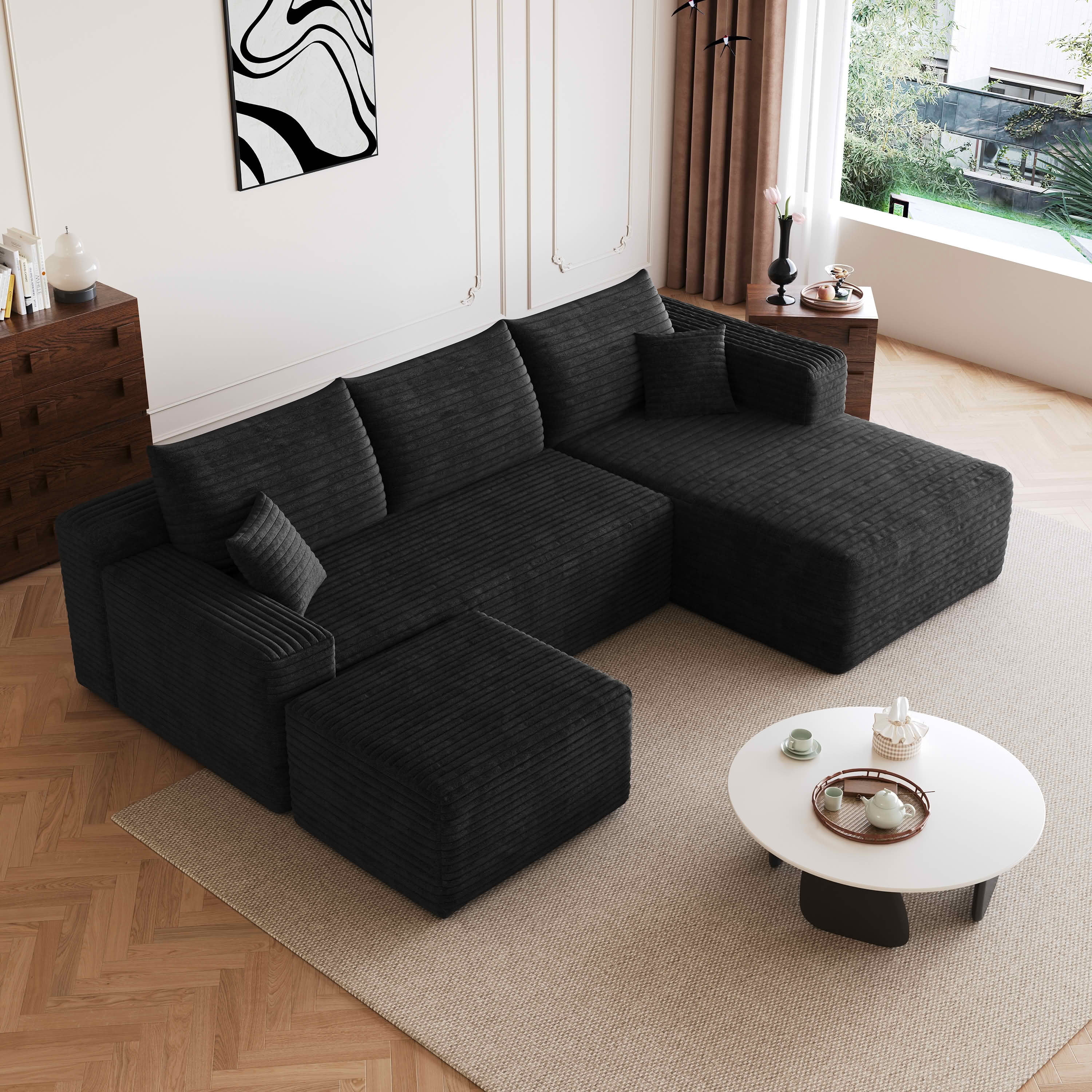 MAYEERTY 95" Cloud Sectional Sofa with Ottoman, U-Shaped Corduroy Deep Seat Couch, No Assembly for Living Room, Black