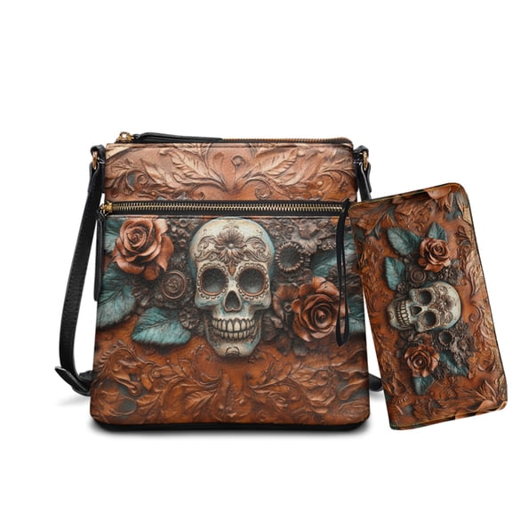 LedBack 3D Skull Rose Printed Crossbody Handbag with Wallet for Women Waterproof Shoulder Bag Satchel Purse Leather Hobo Handbag Wallet for Shopping Walking, Brown