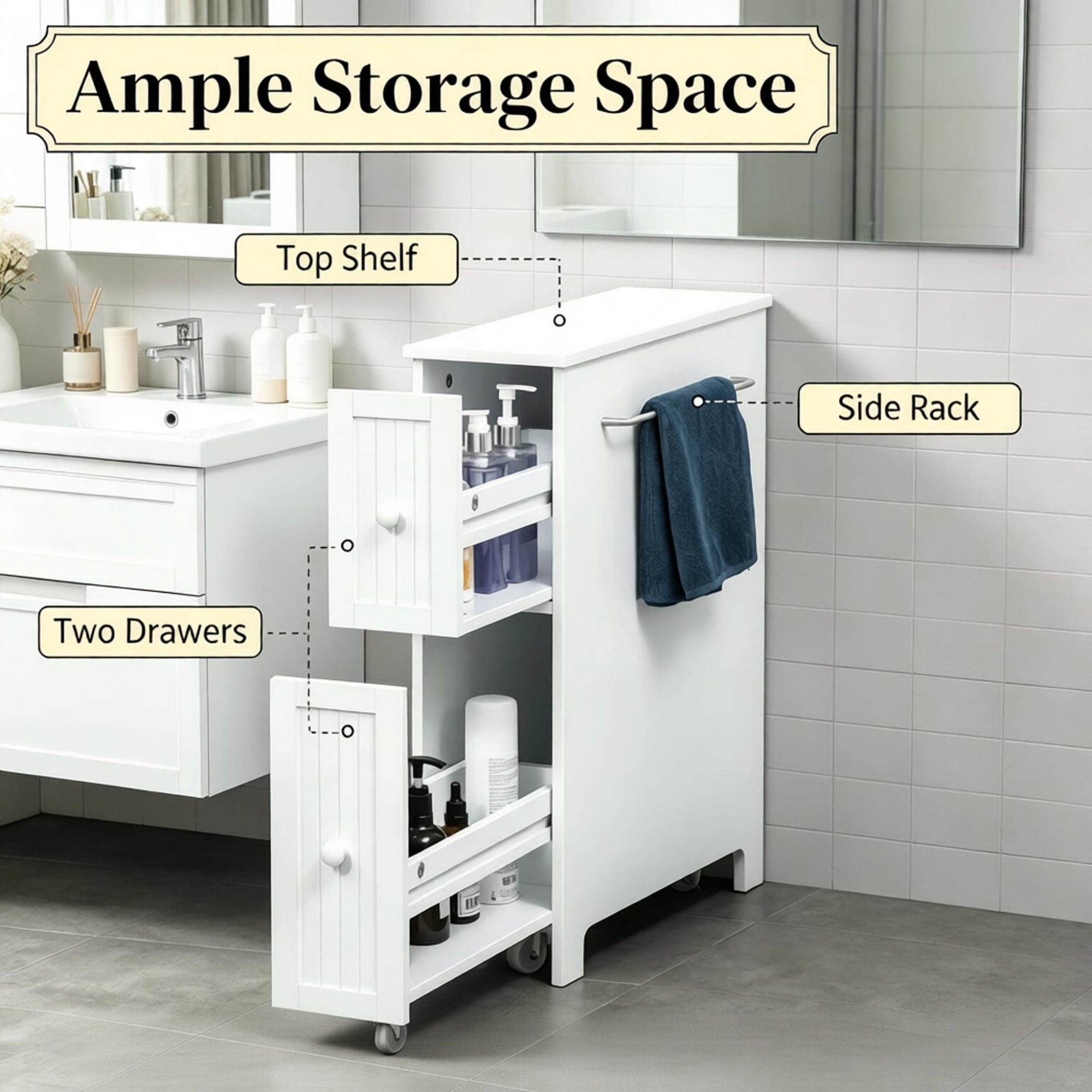Bathroom Cabinet Freestanding Storage with Toilet Paper Holder 2 Drawers Side Towel Rack Wheels, White 7x20.5x24.75 Inches