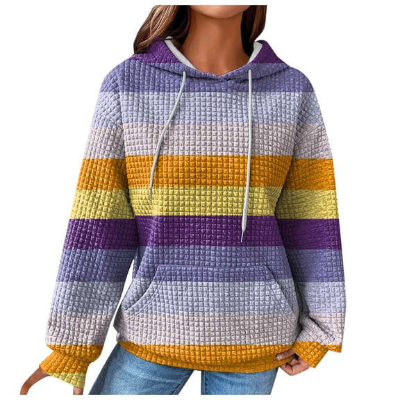 Long Tunic Tops for Women Leggings Winter Fall Relaxed Fit Hooded Long-sleeved Dolman Cold Shoulder Drawstring Patchwork Leisure Waffle Knit Hoodies Tops(Purple,XL)