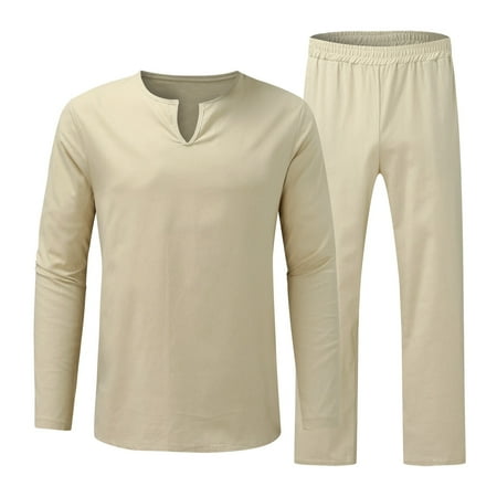 

vbnergoie Men s Casual Solid Long Sleeve Pant Set V-Neck Pajamas Lounge Two Piece Mens Slim Fit 3 Piece Suit Mandarin Suits for Men