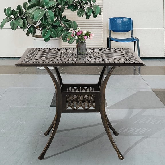 SOCIALCOMFY 35.4 Inch Outdoor Dining Table Square Patio Table Bronze Cast Aluminum Rustic Large Table with Umbrella Hole