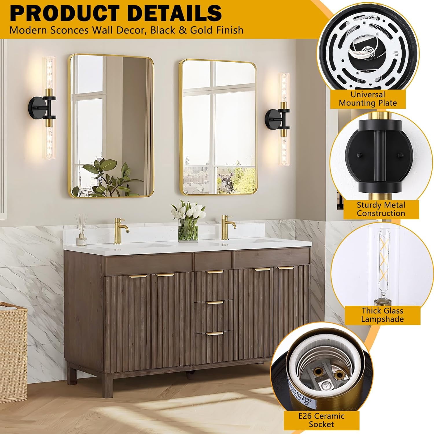 Bathroom Light Fixtures, 2-Light Black and Gold Bathroom Vanity Lighting Over Mirror, Modern Wall Sconces Set of 2 with Clear Glass, Indoor Hardwired Wall Lamp for Bedroom, Living Room, Hallway